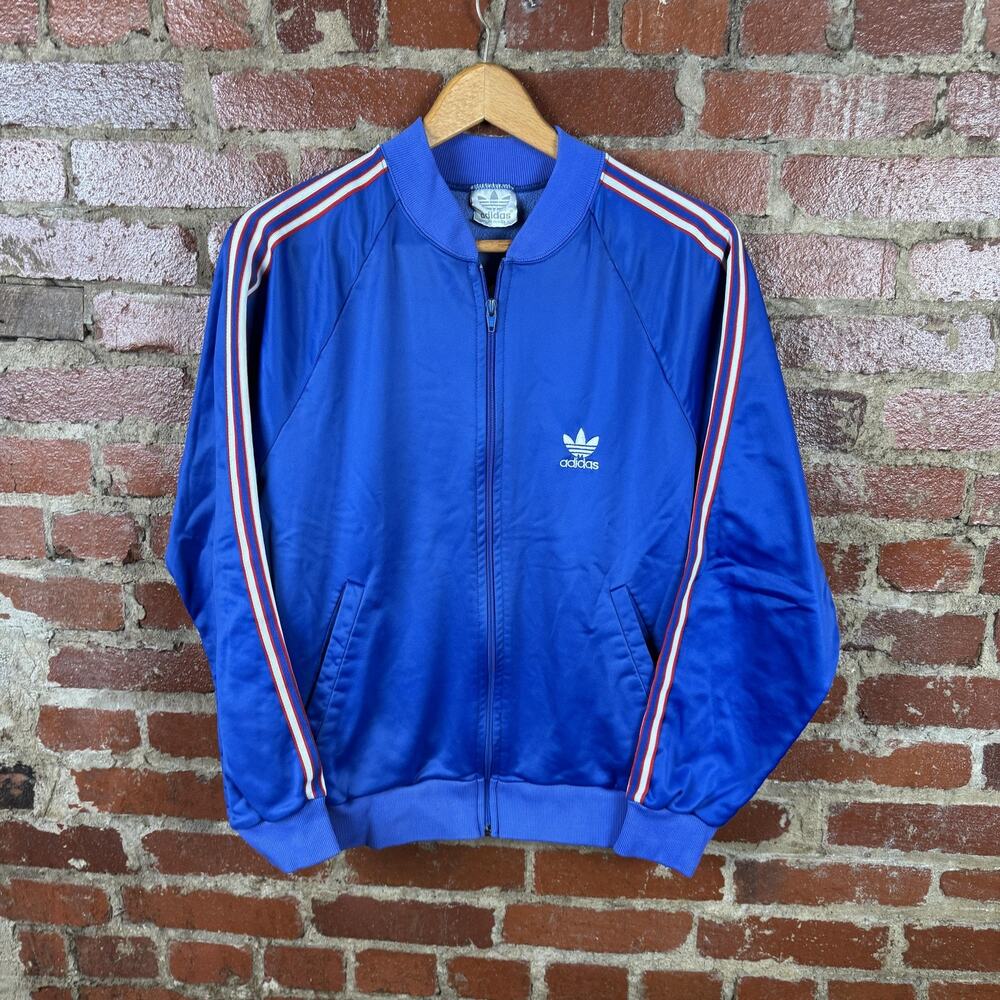 Vintage Adidas Jacket Mens Medium Blue Track Trefoil Embroidered Made in USA 80s